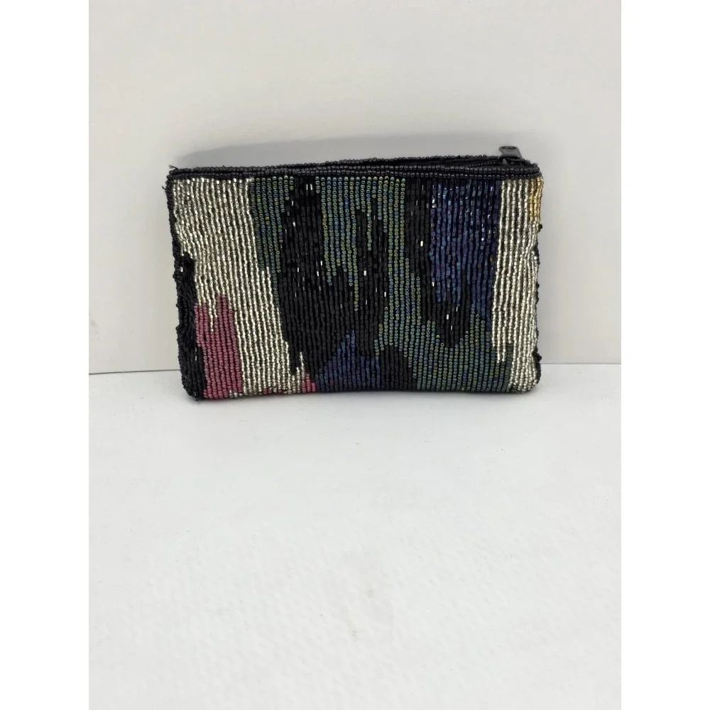 VTG Neiman‎ Marcus Beaded Coin Purse Clutch Abstract Zip Black Gold 6x4